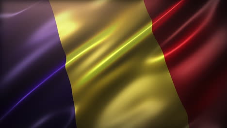 la bandera nacional de rumania, ángulo alto, vista en perspectiva de fotograma completo, ondeando en el viento, realista con un aspecto y sensación cinematográfica, y una elegante textura sedosa, animación cg sin problemas de bucle