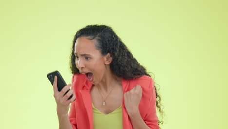 winning, phone and woman isolated on studio
