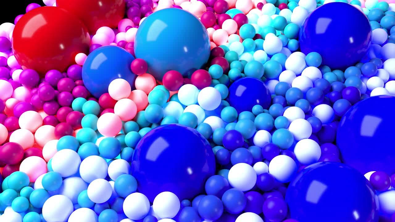 animación en bucle 3d con brillantes y hermosas esferas o bolas pequeñas y grandes como fondo de vacaciones abstractas. composición colorida de esferas coloridas
