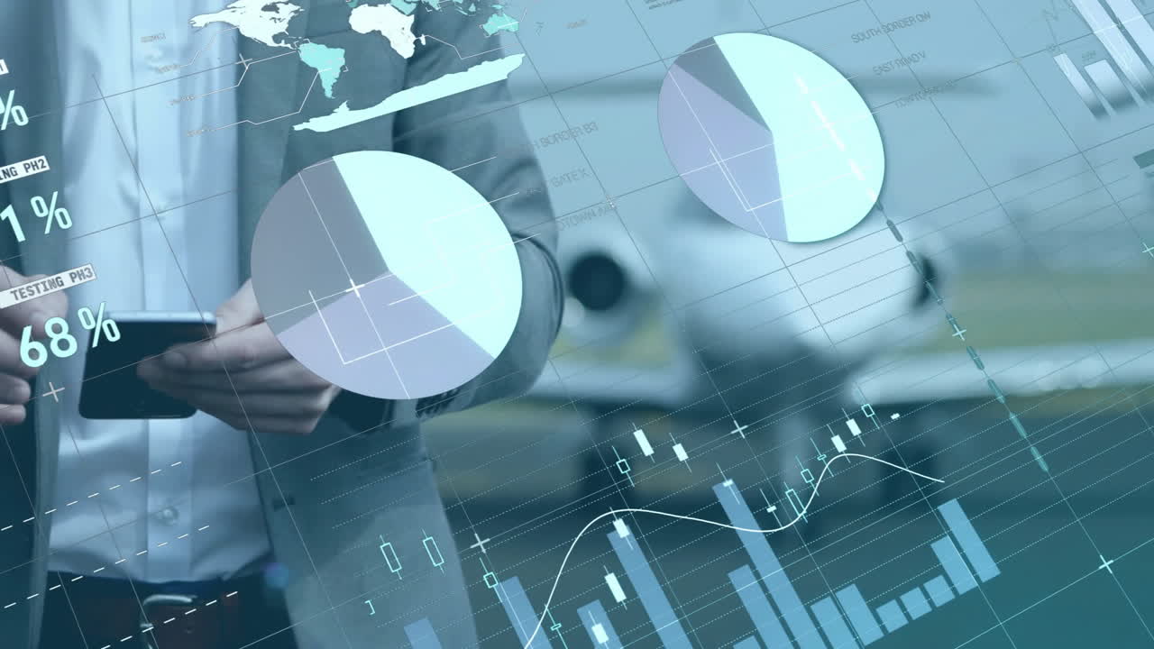 animación de diagramas y procesamiento de datos sobre empresario caucásico usando teléfono inteligente en el aeropuerto