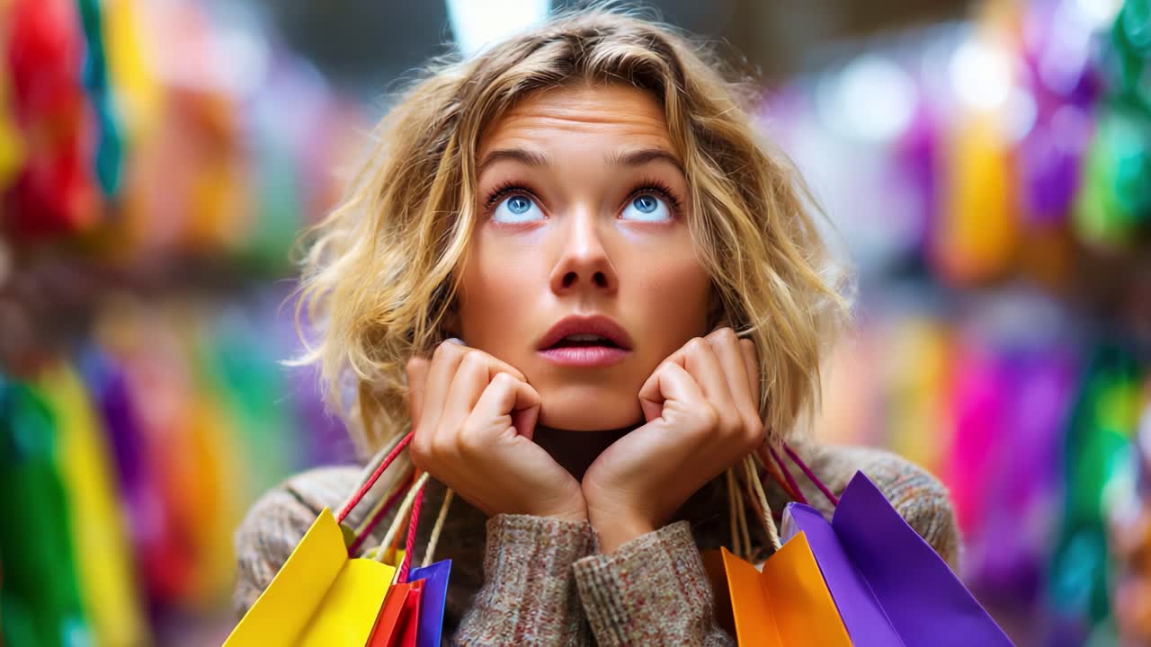 A Reflective Moment: Captivated Awaits of a Shopper Amidst Colorful Bags in a Vibrant Marketplace Filled with Possibilities and Choices, Evoking a Sense of Wonder and Anticipation