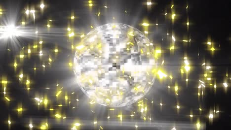 Animación-De-Estrellas-Y-Bola-De-Discoteca-Girando-Sobre-Fondo-Negro-Con-Luces