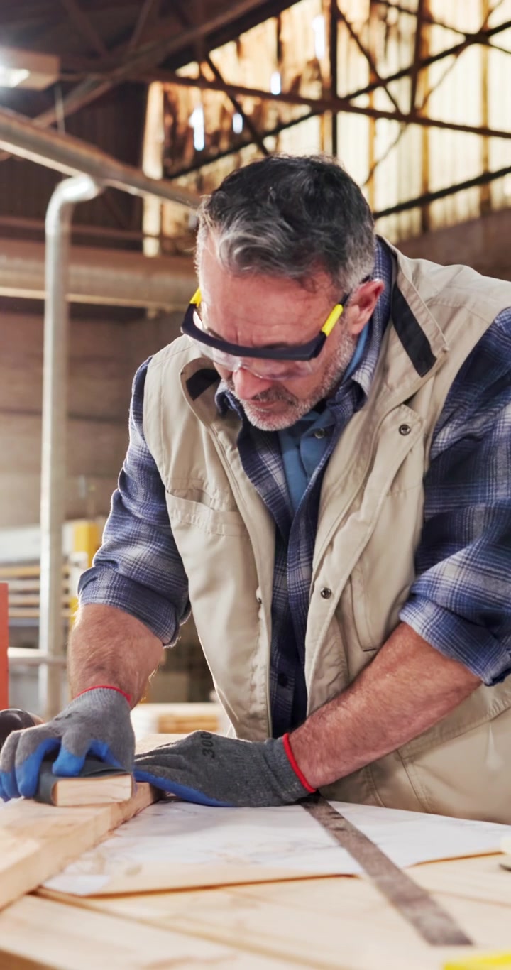 Mature Carpenter Sanding Wood Plank in Workshop