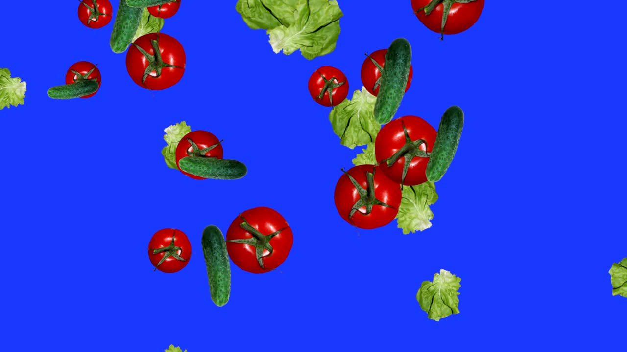 Vegetables falling animation chroma key element loop, tomatoes, salad ...