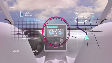 Animation-of-interface-with-charging-battery-icon-and-speedometer-over-car