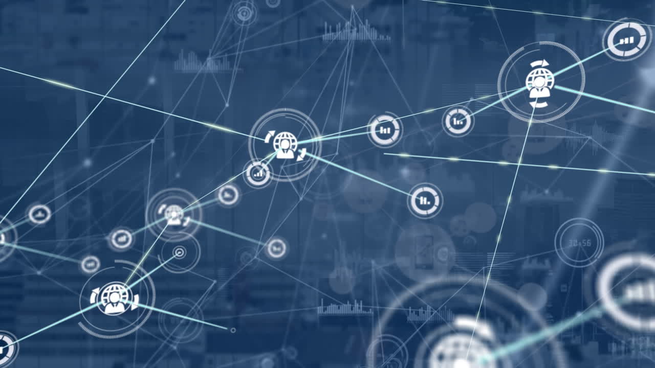 animación de la red de conexiones con iconos y procesamiento de datos sobre el paisaje urbano