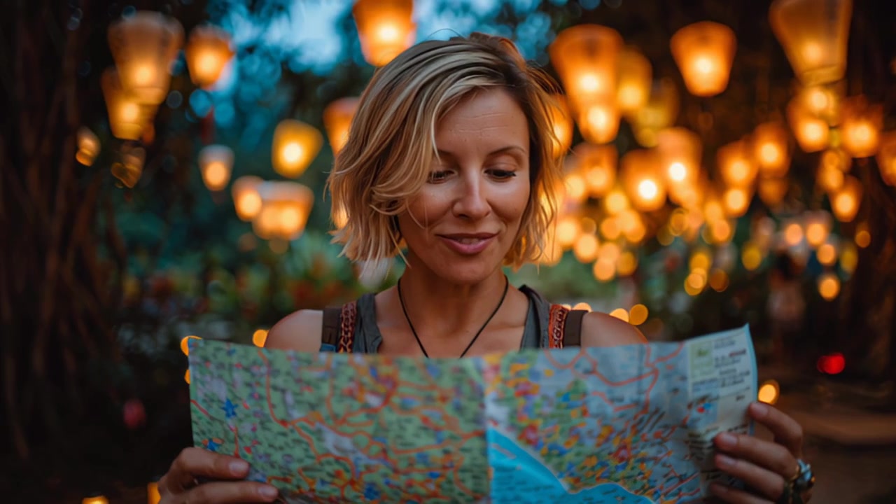 Kinoreifes Video einer Touristin, die nachts im Freien eine Landkarte liest, umgeben von warmen Hängelaternen und sanften Bokeh-Lichtern, Reise-Navigationskonzept.