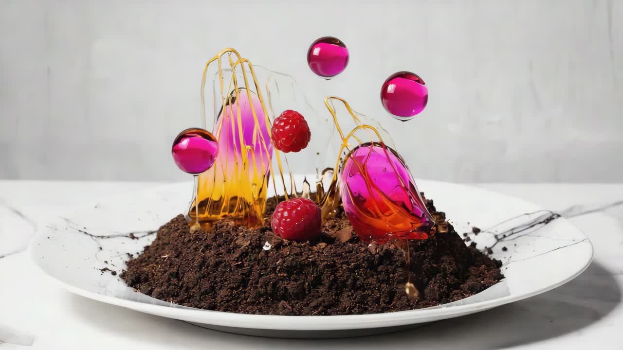 Artistic Gourmet Dessert with Raspberries and Sugar Art