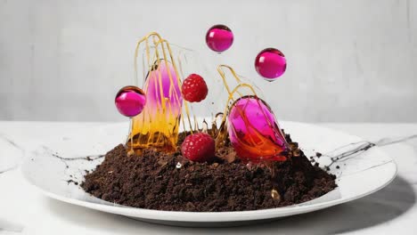 artistic gourmet dessert with raspberries and sugar art