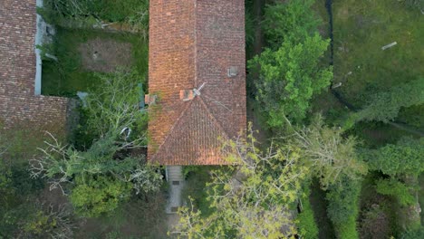 flying over the old house surrounded by trees in the countryside