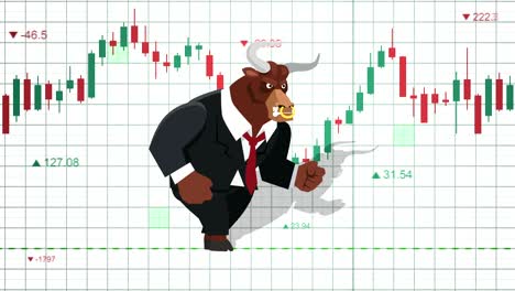 сartoon minotaur bull market animation. stock market trading background concept