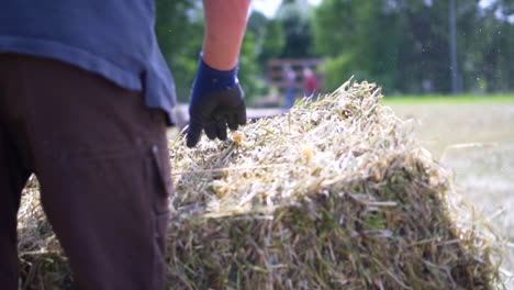 farmer boy grabs hay bale from chute close up slow motion