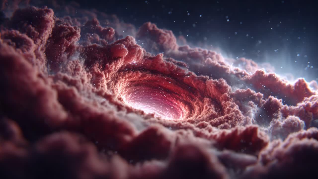 A mesmerizing cosmic vortex unveils swirling clouds of pink and red gas, glimmering starlight, and intricate details in the heart of the galaxy, inviting exploration and wonder