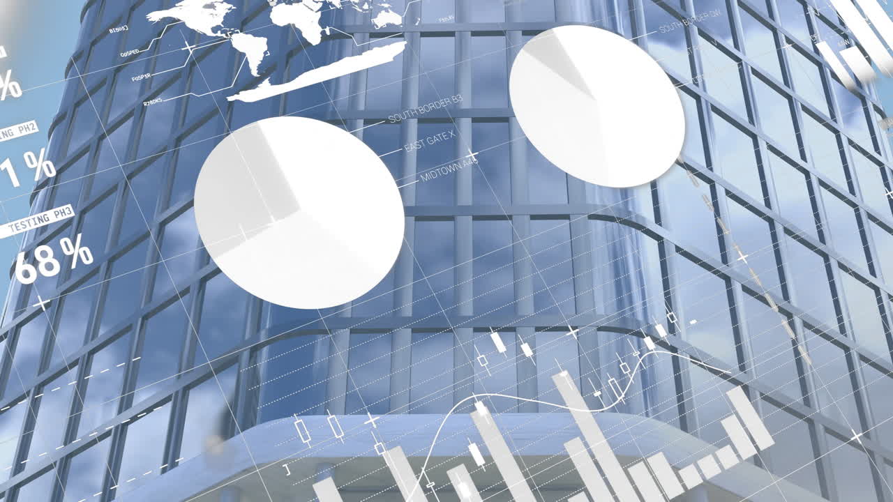 Financial data and world map animation over modern glass building