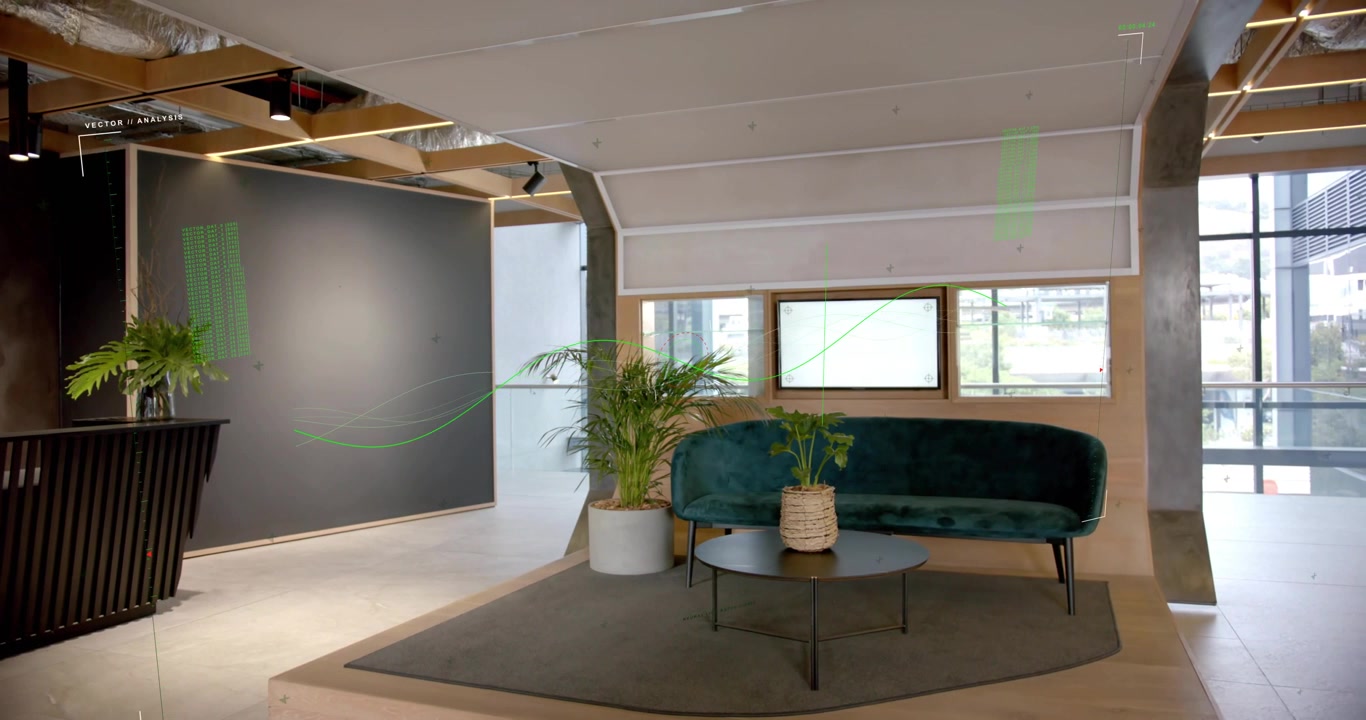 Vídeo vertical: Câmera panorâmica para a direita, mostrando um recanto elevado com sofá verde, linhas de varredura auxiliando o design.