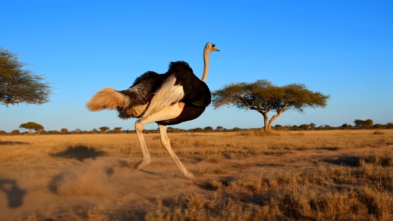 Ostrich Sprinting Across Sunlit Savanna, Kicking Up Dust Beneath Lone Acacia Tree Under Clear Blue Sky Golden