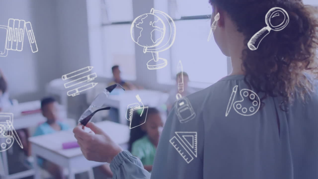 animación de iconos escolares sobre diversas maestras y escolares en el aula