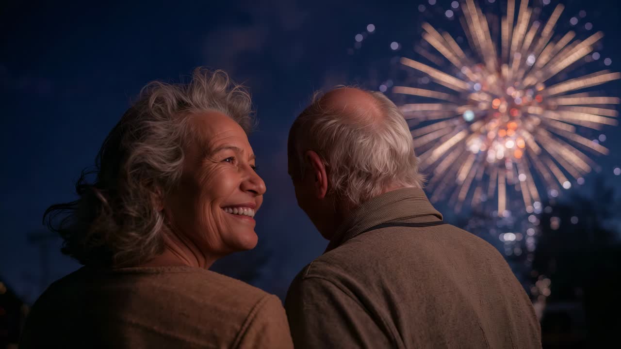 Turning senior woman and man responding to firework burst at night, sharing smiles in tan jackets