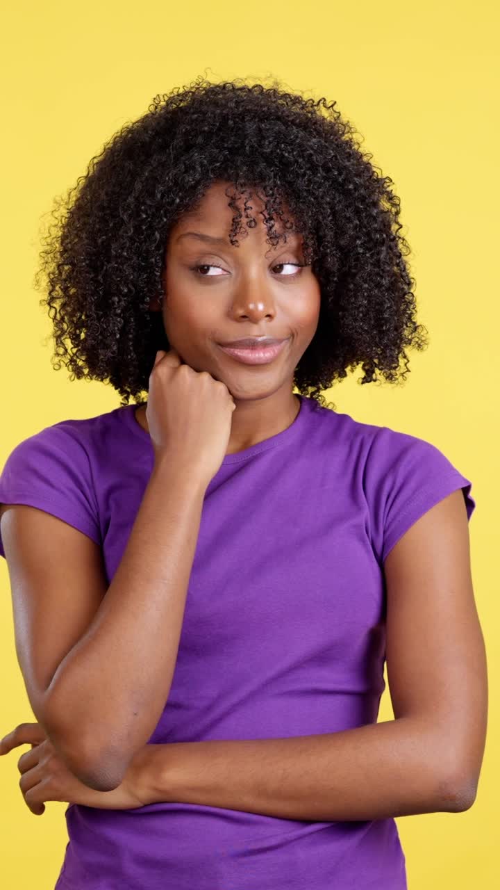 Woman with Various Expressions on Yellow Background