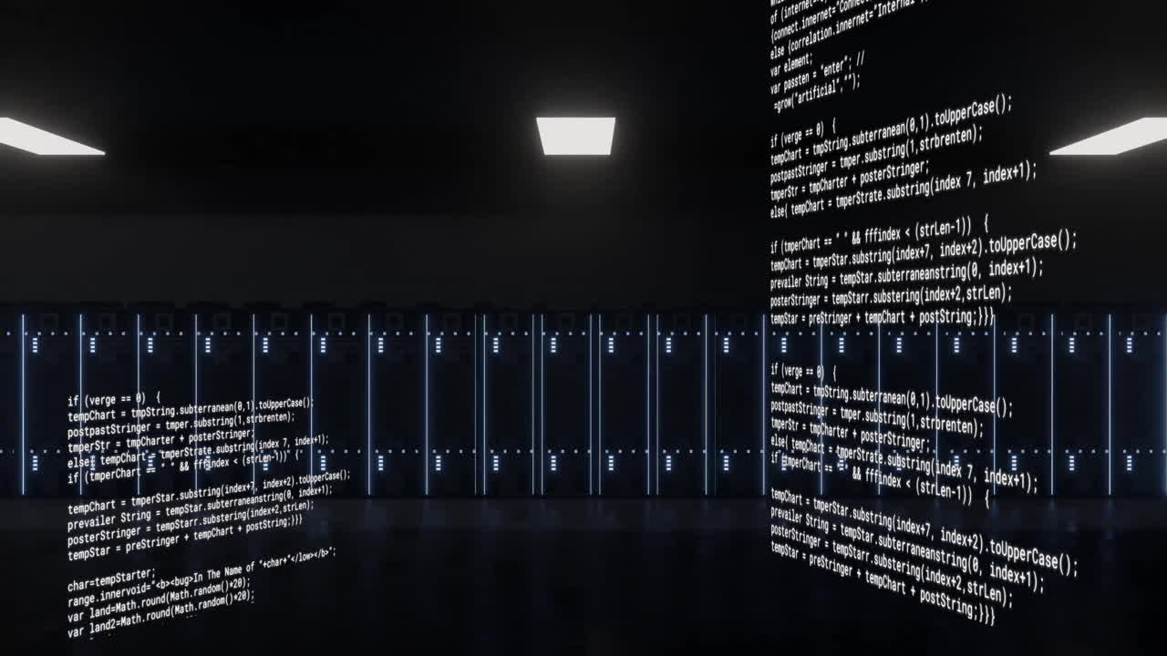 Animation of text data processing over banks of dark computer servers