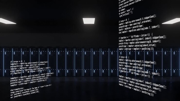 Animation der Textdatenverarbeitung über Reihen dunkler Computerserver