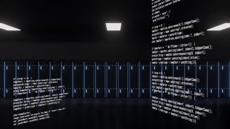 Animation-Der-Textdatenverarbeitung-über-Reihen-Dunkler-Computerserver