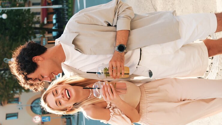 Happy Couple Enjoying Drinks on the Street