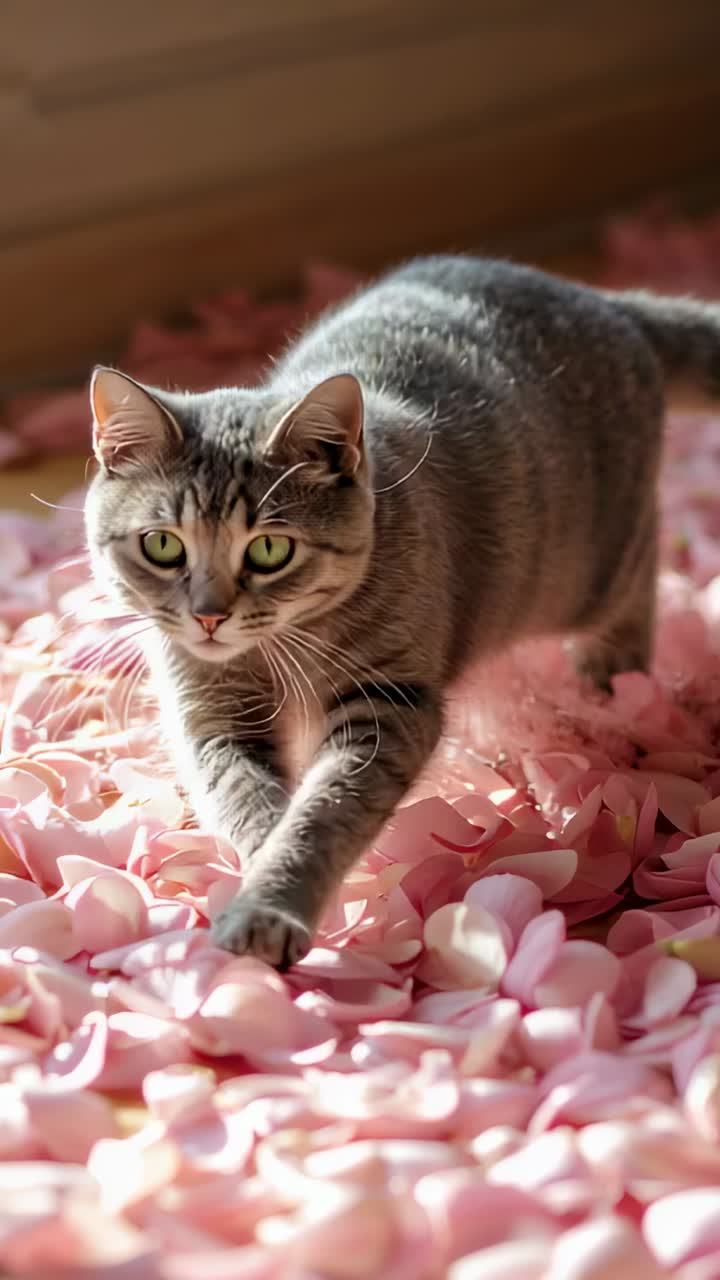 Vertikal video: Tabby-katt som går och närmar sig kameran på rosa trägolv med blomblad vid en fönsterkarm, belyst päls