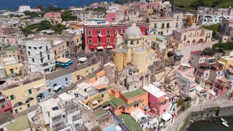 Aerial-of-the-small-traditional-Mediterranean-island-village-of-Procida-in-the-Golf-of-Naples,-Italy