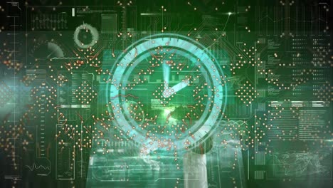 Animation-of-integrated-circuit-over-clock-and-digital-screens-on-green-background