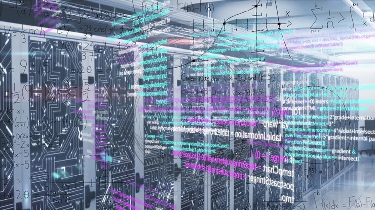 Animation of data processing and mathematical equations against computer server room