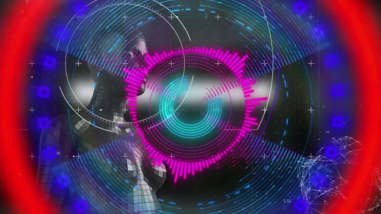 Animation of neon shapes and data processing over digital human on black background