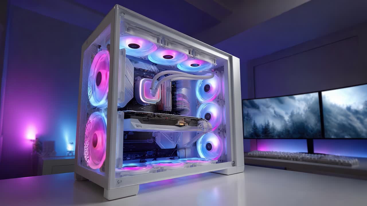 A Stunning Custom PC Build Showcasing Vibrant RGB Lighting and Sleek Aesthetics, Perfectly Displayed with Dual Monitors in the Background for Ultimate Gaming and Productivity