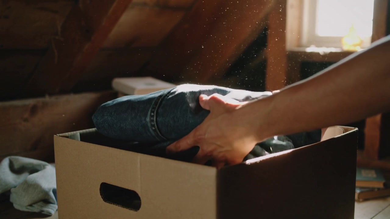 Entering hands placing folded jeans into cardboard box in attic for storage, smoothing amid dust