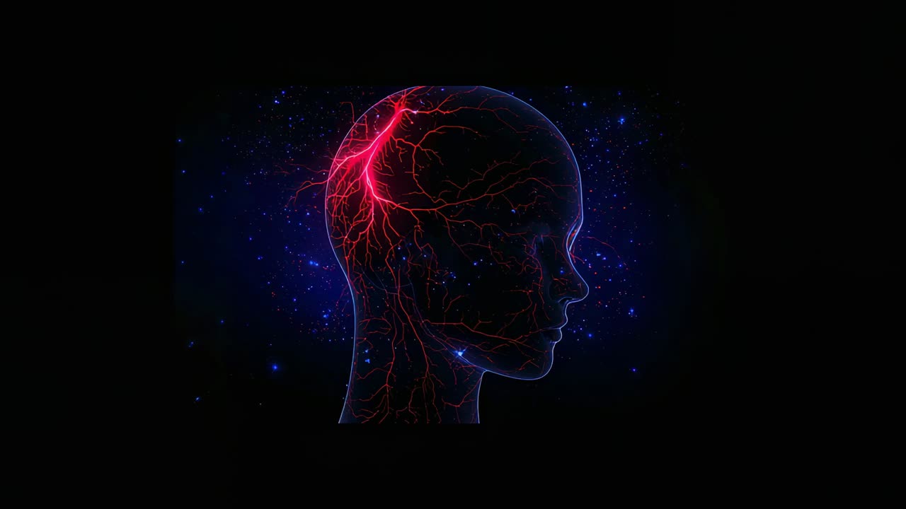 Node lighting causing head pulsing red network in black void with blue nebula showing neural pulse