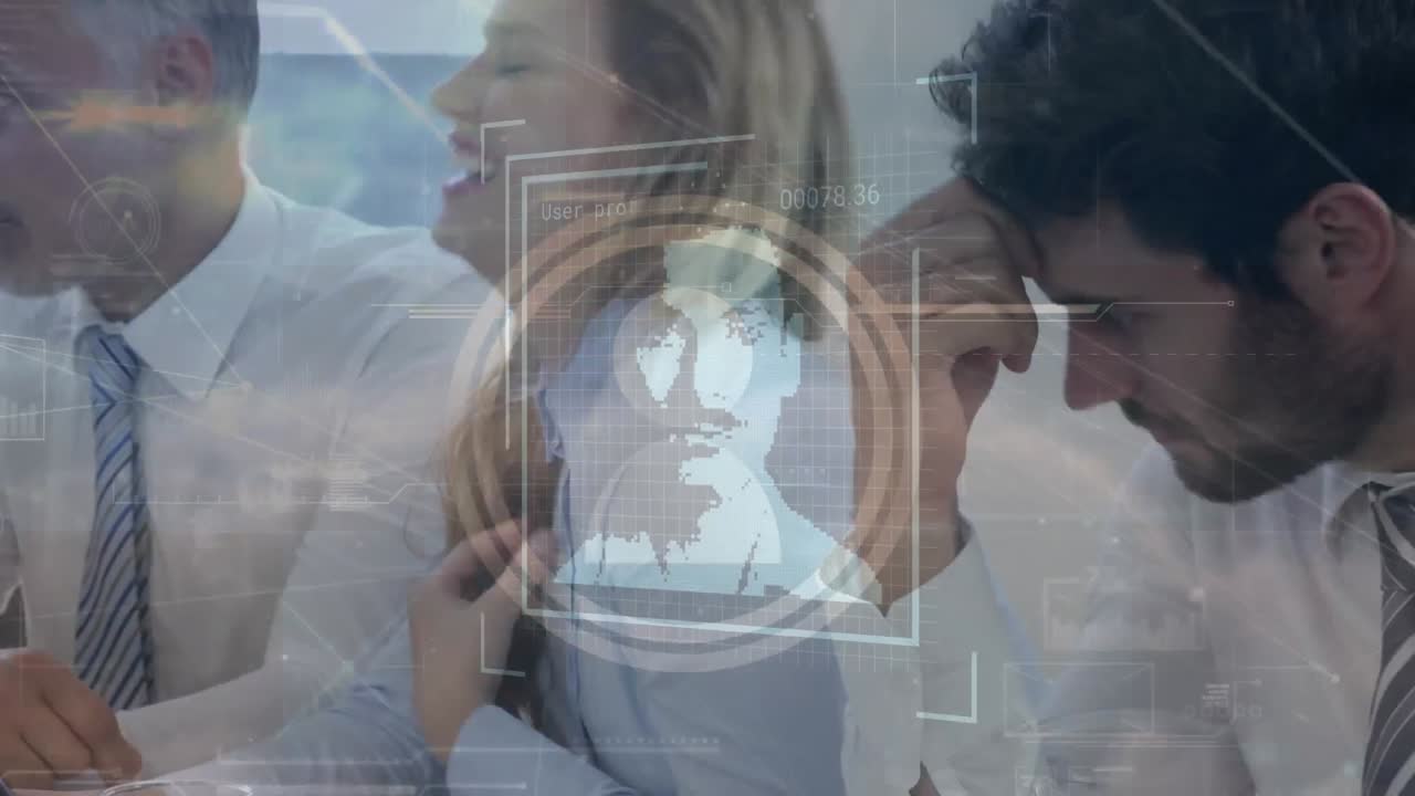 animación de fotos, paisajes y redes sobre personas de negocios en la oficina.