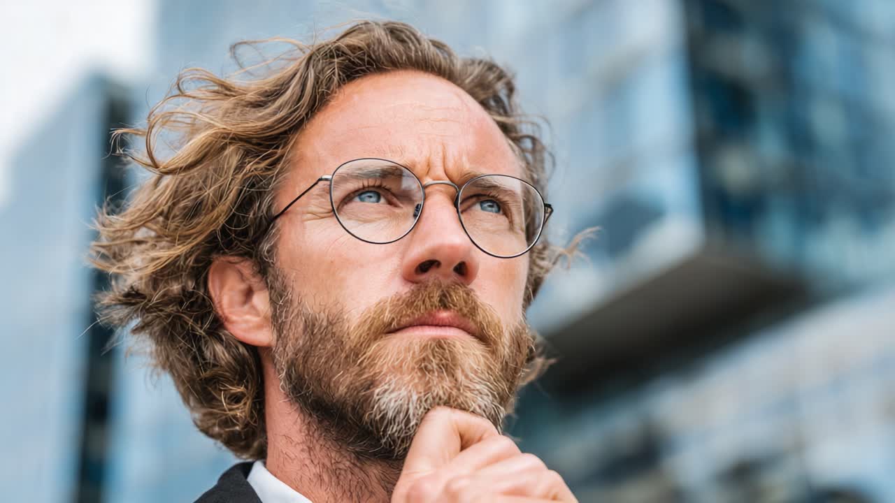 Thoughtful man in business attire pondering deeply against a modern urban backdrop, embodying curiosity and reflection in a contemporary setting