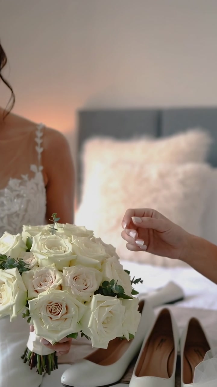 Bride wearing white with bouquet while companion bringing ring for wedding prep on bed near pumps