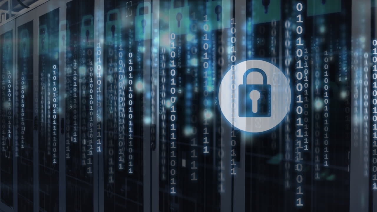 Animation of security padlock icon and binary coding data processing over computer server room