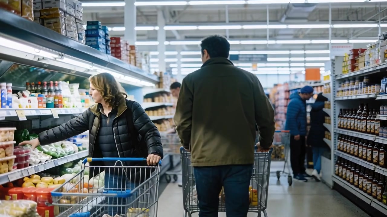 Uomo con giacca verde che spinge un carrello, percorre la corsia di un supermercato, si ferma e seleziona prodotti ortofrutticoli.