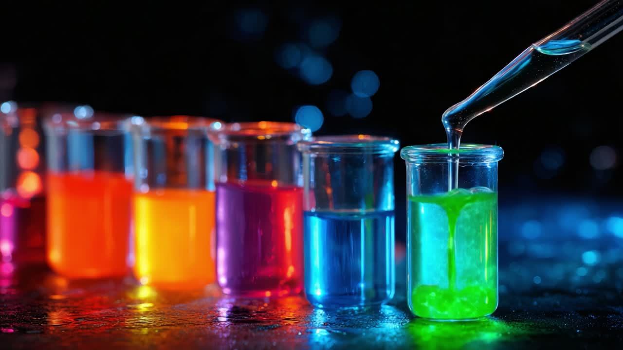 Reazioni chimiche colorate: vista ravvicinata di fluidi vivaci in provette che mostrano l'intrigante estetica dell'esplorazione e della sperimentazione scientifica