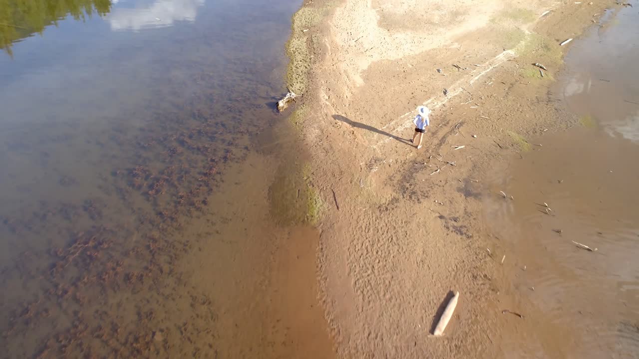 mujer con su perro mascota caminando cerca de la costa del río en un día soleado 4k