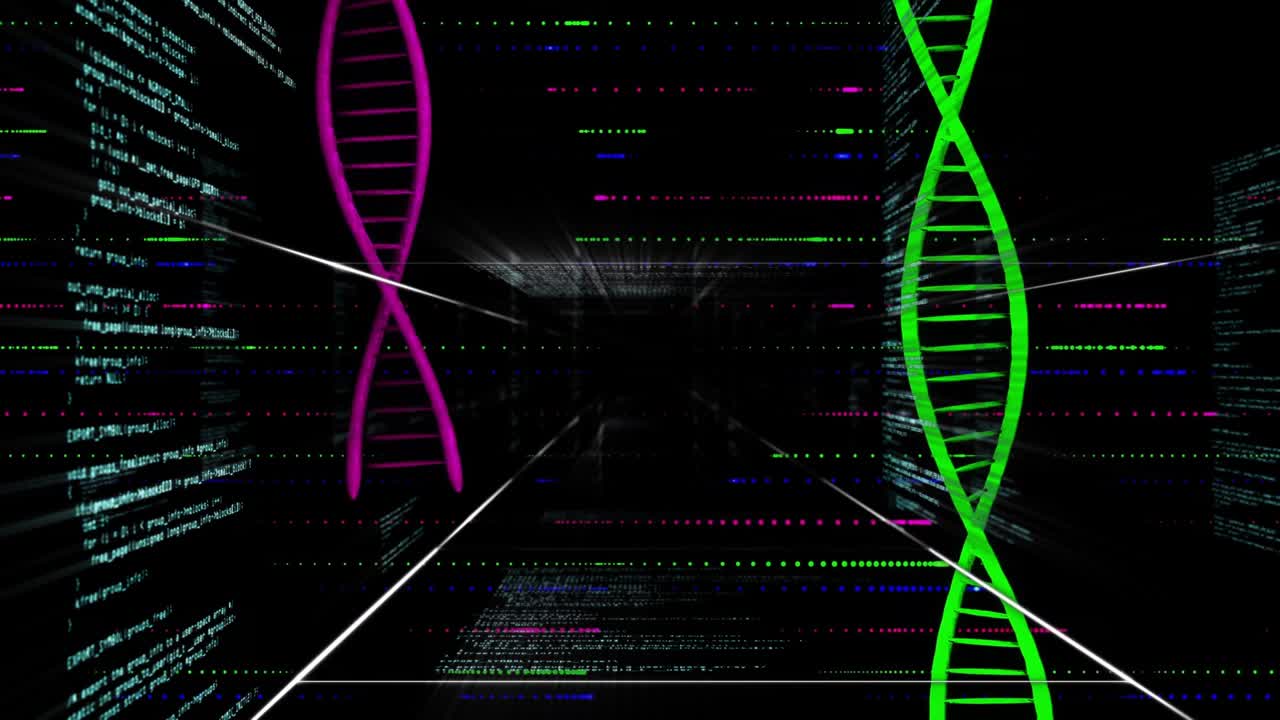 On startup camera moving in code tunnel with magenta green helices pulsing, visualizing data flow