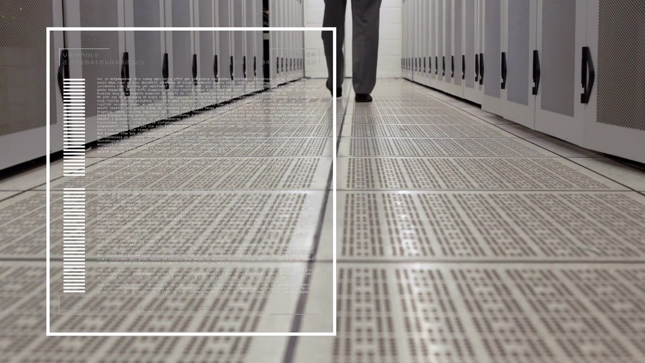 Datacenter tech stepping, step initiating HUD expanding while walking over raised floor toward exit