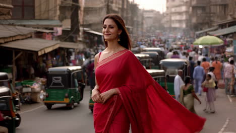 woman in a red saree on a bustling indian street