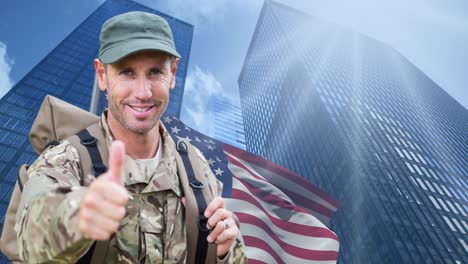 animation of caucasian male soldier over flag of usa and skyscrapers