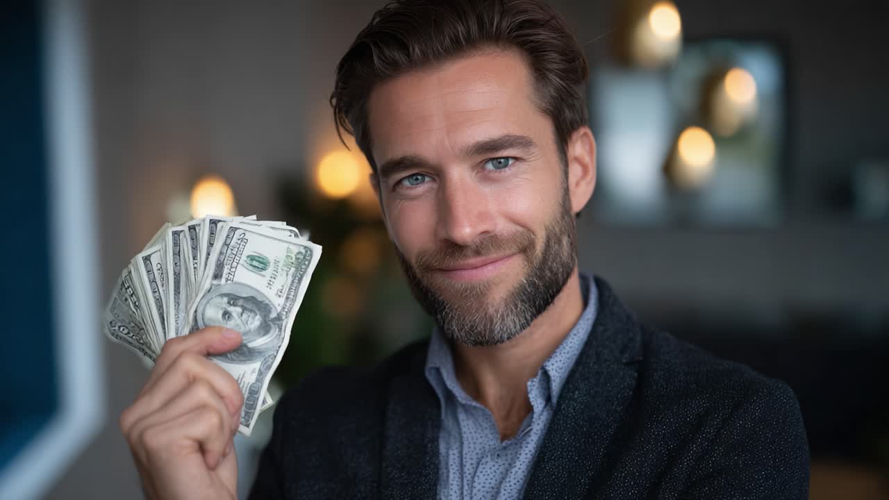 Uomo sicuro di sé che tiene in mano dei contanti, sorridendo felice con uno sfondo elegante in un ambiente moderno, che rappresenta ricchezza e prosperità nella vita di tutti i giorni