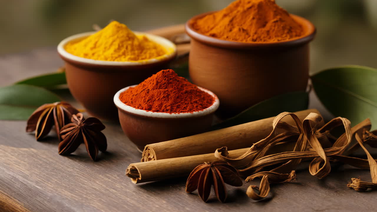Colorful Spices, Cinnamon, and Star Anise on a Wooden Surface