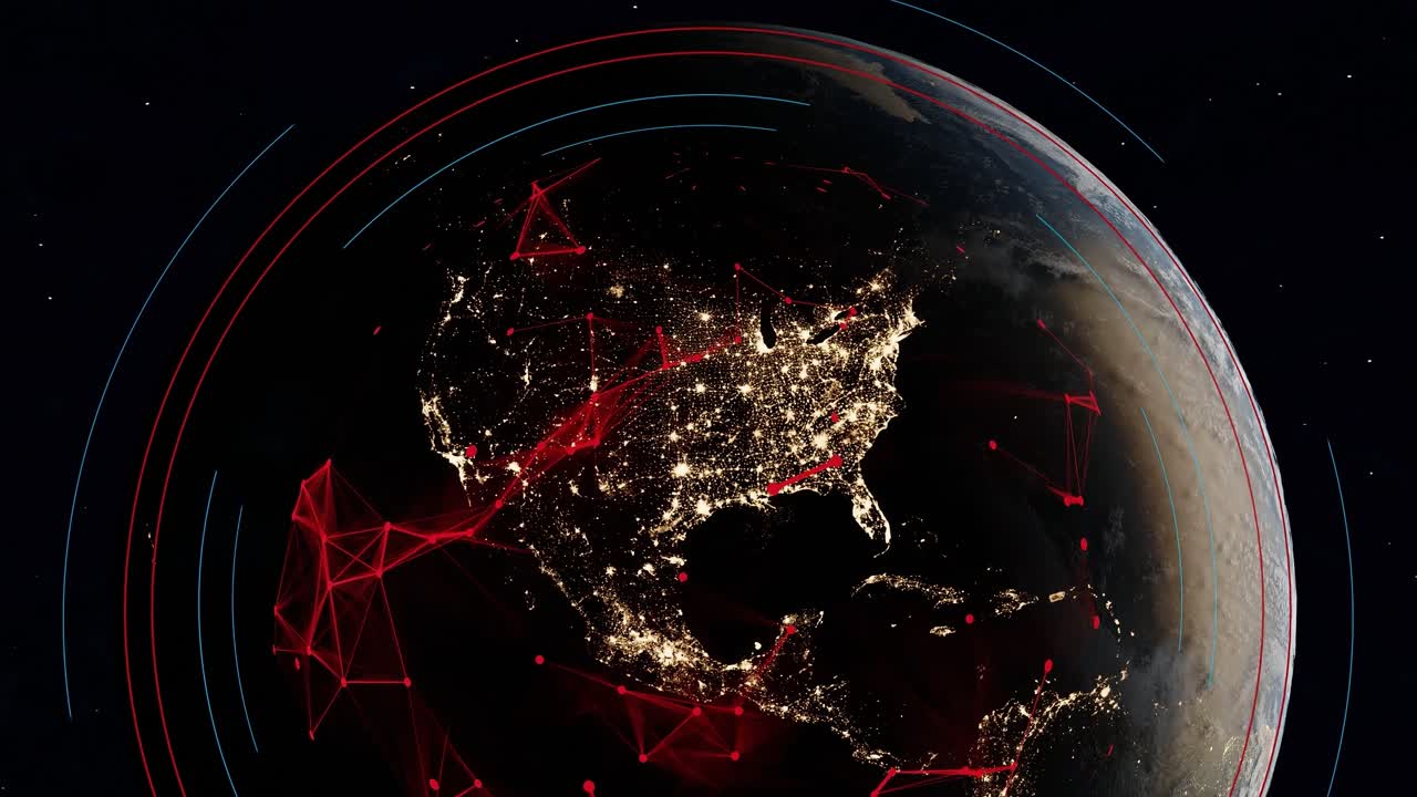 la superficie de la tierra aparece en la oscuridad, emitiendo luces rojas en la atmósfera del planeta
