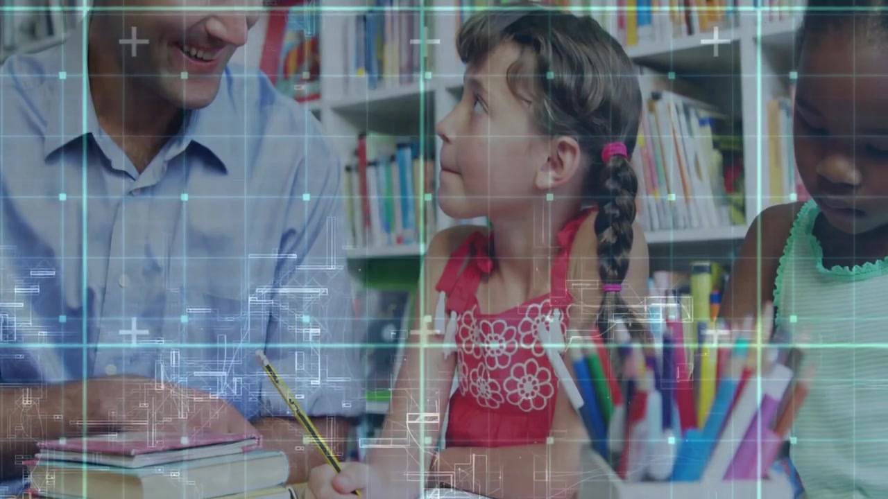 Teacher guiding students at wooden table, showcasing education tech via grid and blueprint overlay